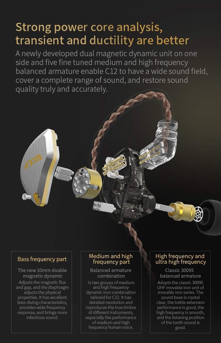 C12 in Ear Monitor Headphones 5BA 1DD Hybrid HiFi IEM Earphones Noise Isolating Stereo Wired Earbuds for Musicians