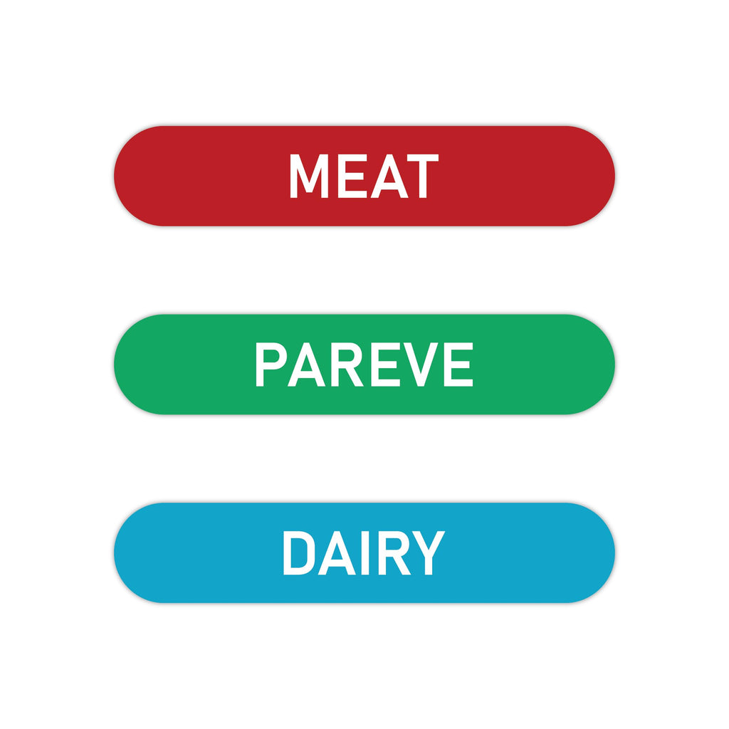 Kosher Sticker Labels, Pack of 108 - Meat, Dairy, Pareve, Color Coded, Dishwasher Safe, Red, Blue, Green, 36 Labels Each