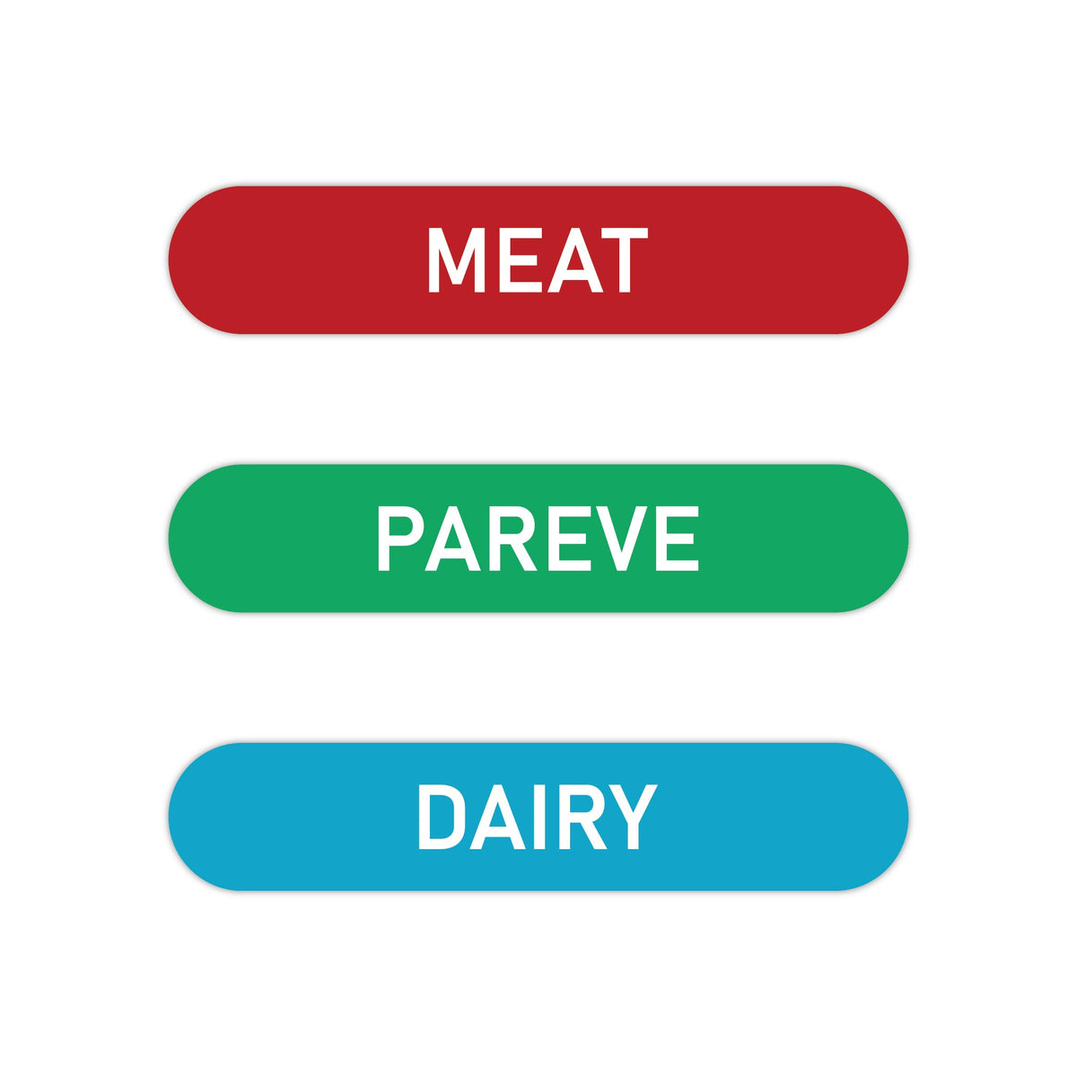 Kosher Sticker Labels, Pack of 108 - Meat, Dairy, Pareve, Color Coded, Dishwasher Safe, Red, Blue, Green, 36 Labels Each