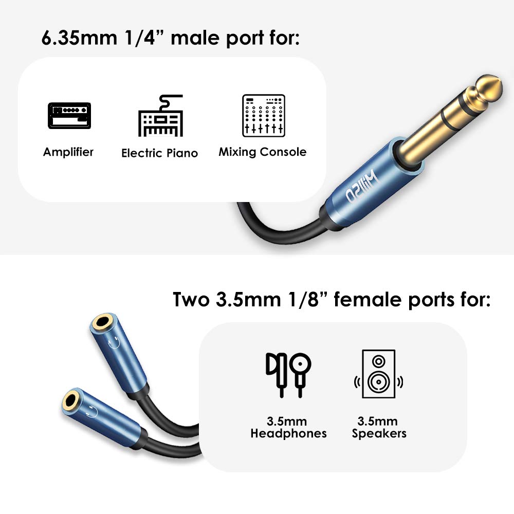 6.35mm 1/4 Male to Dual 3.5mm 1/8 Female Headphone Adapter 12 inch | Sapphire Blue, Gold-Plated, 6.35mm TRS Stereo