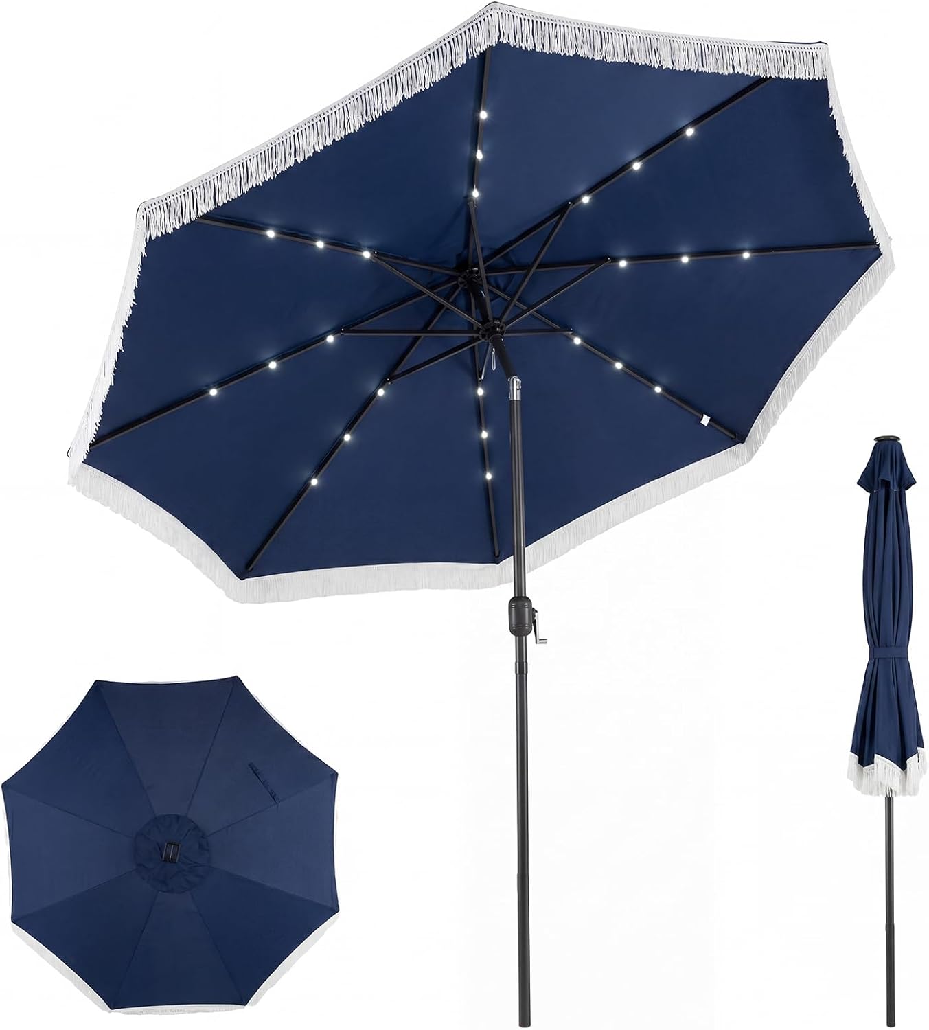 10 FT Solar Patio Umbrella with 24 LED Lights, Market Table Umbrella w/Fringe, Push Button Tilt, Crank Handle, 8