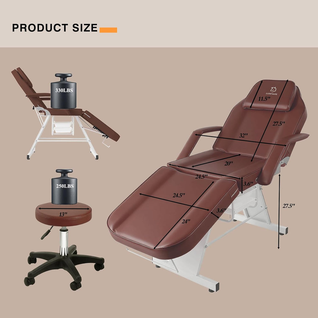 Facial Chair,73″ Tattoo Chair for Client,3-Section Adjustable Massage Table with Stool,Multipurpose Beauty Beds Salon