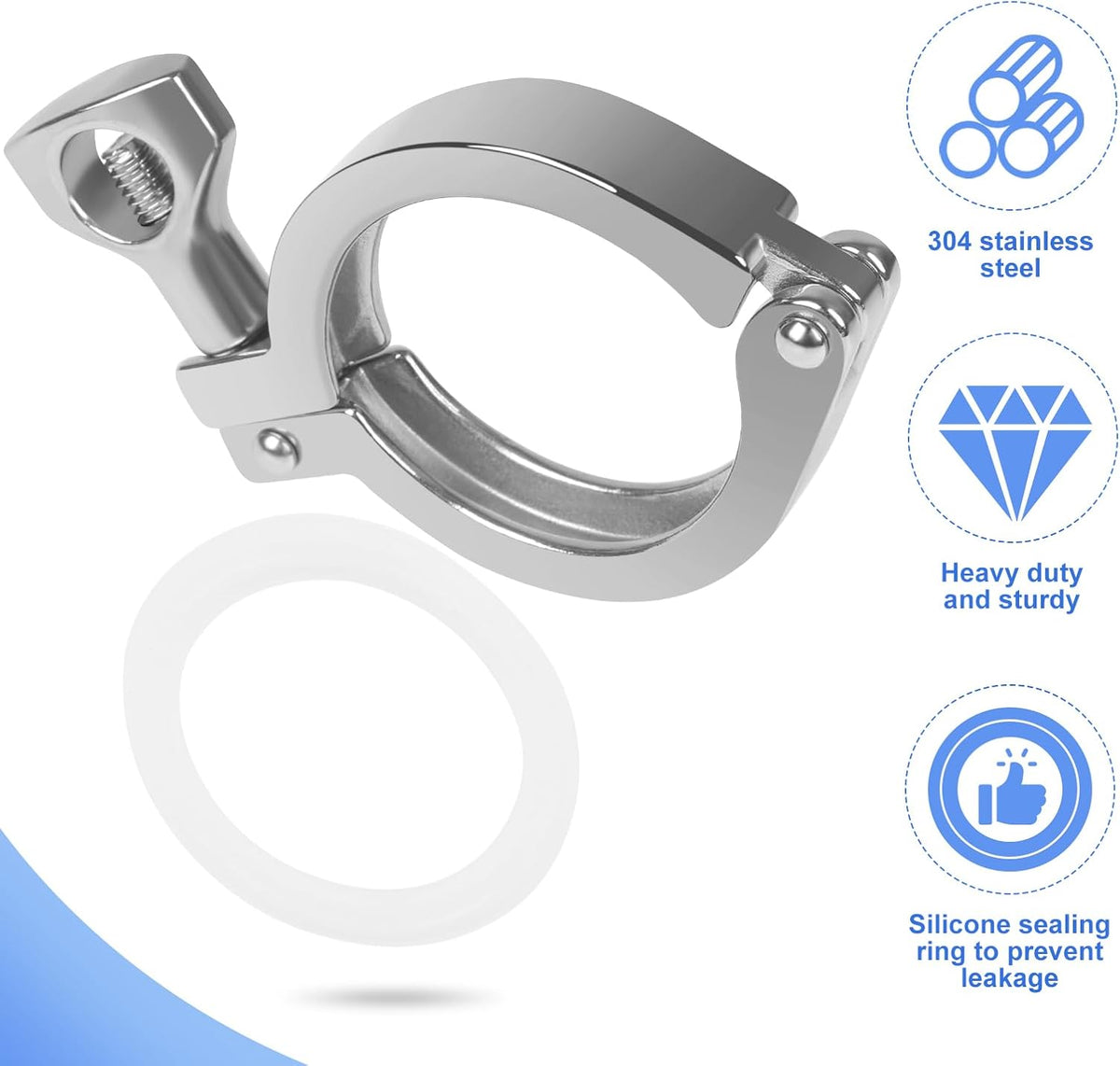 Tri Clamp 1/2 Inch 2PCS Single Pin Heavy Duty with Wing Nut Stainless Steel 304 Sanitary Fitting with Ferrule TC 1/2" Silicone Gaskets