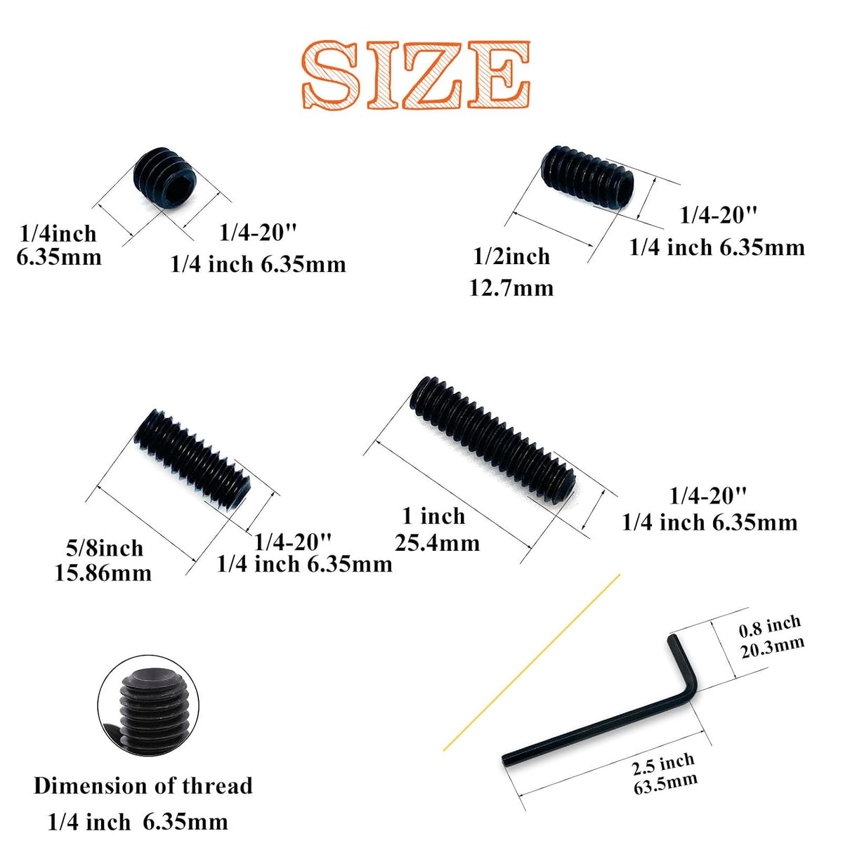 65pcs 1/4-20 4 Sizes Hex Socket Set Screws Assortment Kit, Black Alloy Cup Point Grub Screw for Bathroom Fixtures Door Handles Stripper Pole Rack Screws Precision Instrument ETS