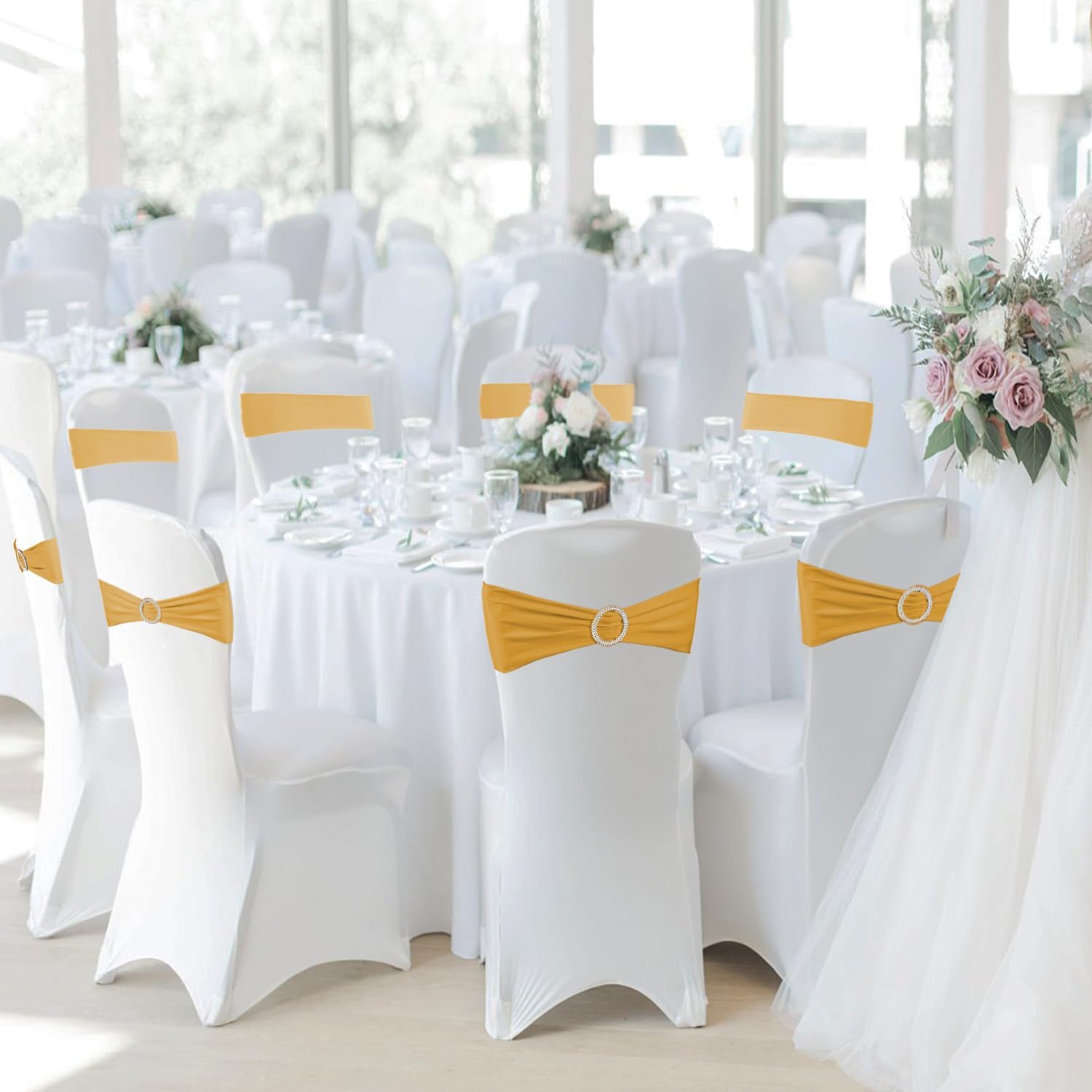 100PCS Spandex Stretch Chair Sashes Bows Elastic Chair Cover Bands Ties with Buckle Slider for Wedding Party