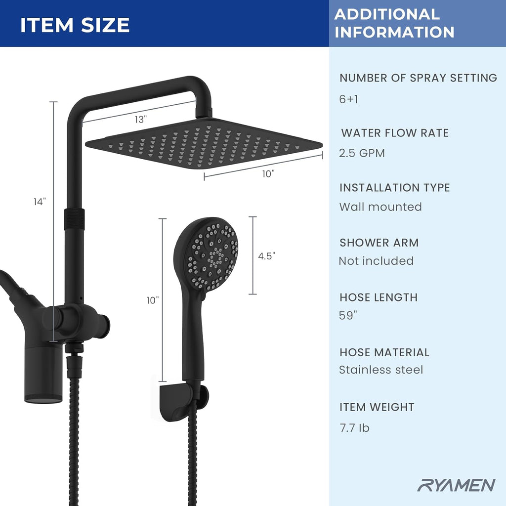 Upgraded Dual Shower Heads Combo, 10 inch Filtered Shower Head with Handheld, 3-Way Rain Shower Head with Filters, 7