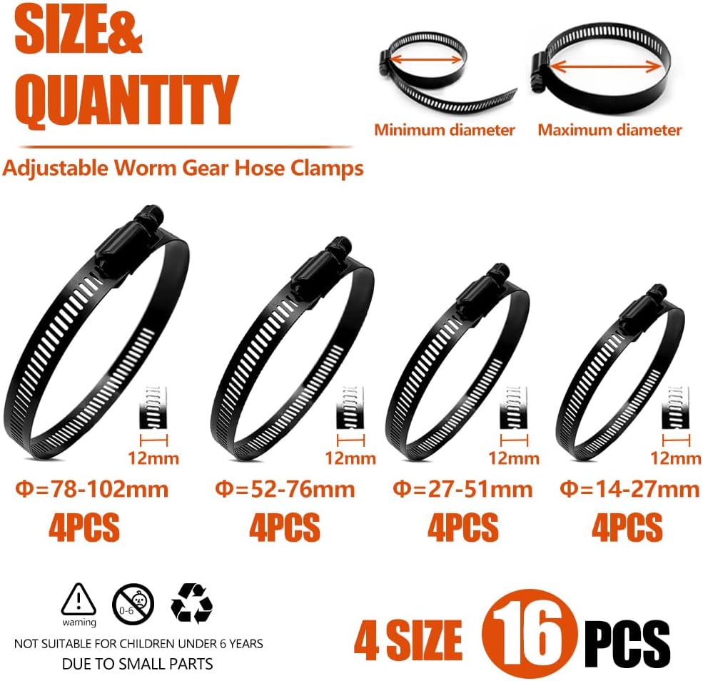 16pcs 4 Sizes Hose Clamp,9/16-4 Inch(14-102mm) Hose Clamps Stainless Steel Adjustable Worm Gear Black Hose Clamp
