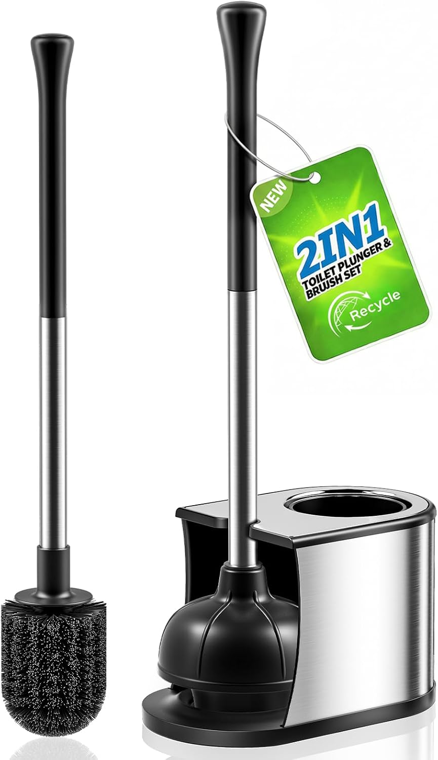 Toilet Plunger and Brush Set: Bathroom Powerful Cleaning Round Bristle Brush - Stainless Steel Heavy Duty Unclogging