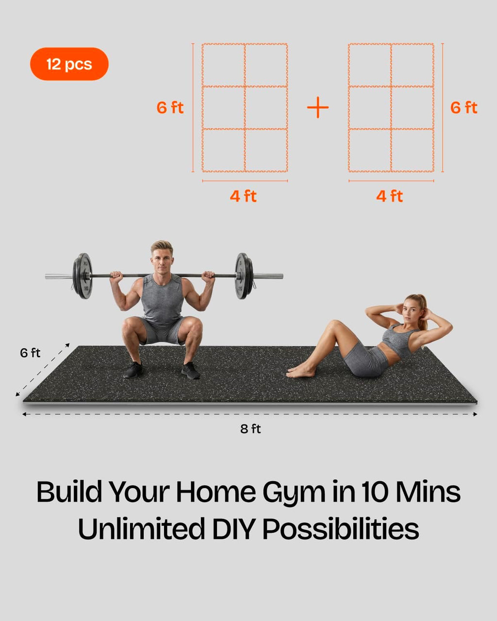 0.6" Thick 48 Sq Ft Rubber Top Gym Flooring Mats for Home Gym | Dual-layer Rubber & HD EVA, NO Warping, 12 Tiles