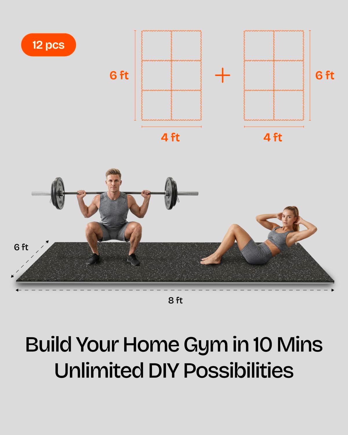0.6" Thick 48 Sq Ft Rubber Top Gym Flooring Mats for Home Gym | Dual-layer Rubber & HD EVA, NO Warping, 12 Tiles