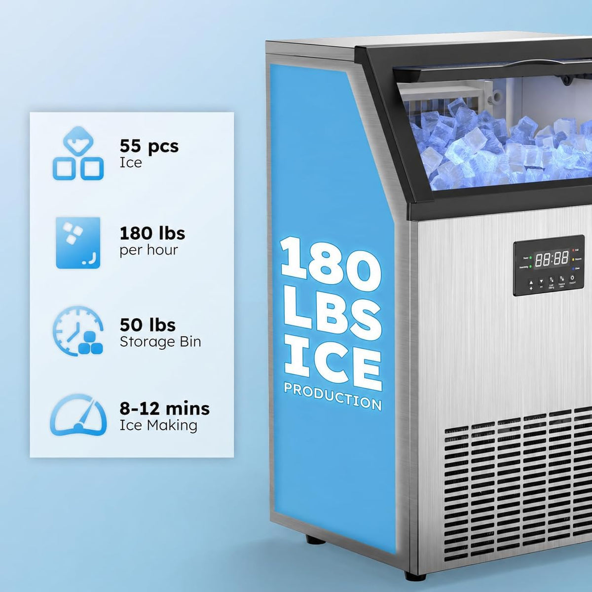 Commercial Ice Maker Machine, 200lbs/24H Ice Machine, 50Lbs Storage
