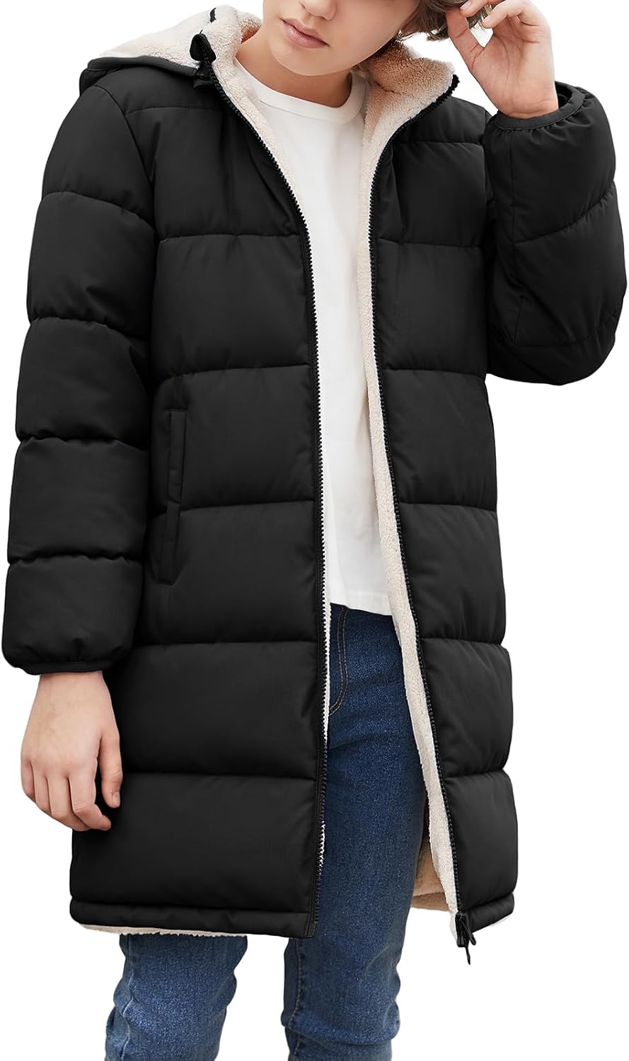 Boys Winter Coat Sherpa Lined Puffer Jacket For Kids Ages 6-15 | Long hooded design, windproof & water repellent
