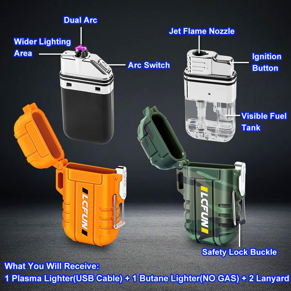 Electric Plasma Lighter, Torch Lighter, 2 Pack Outdoor Waterproof Matches | A Rechargeable Dual Arc lighter + A