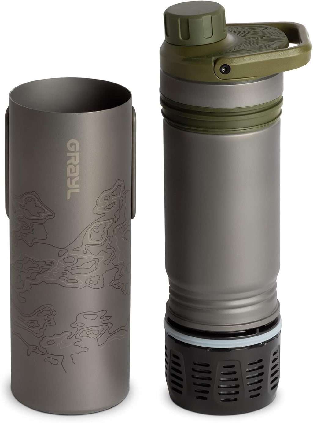 UltraPress Titanium Water Purifier & Filter Bottle, Olive Drab | Purifies and Filters Water in 8-10 Seconds for