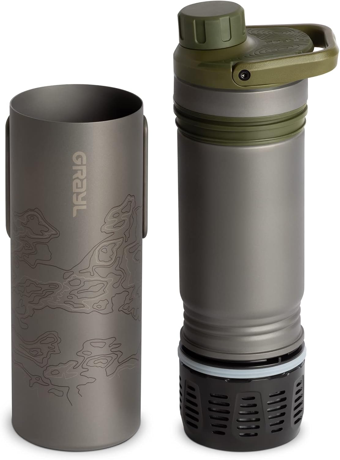 UltraPress Titanium Water Purifier & Filter Bottle, Olive Drab | Purifies and Filters Water in 8-10 Seconds for