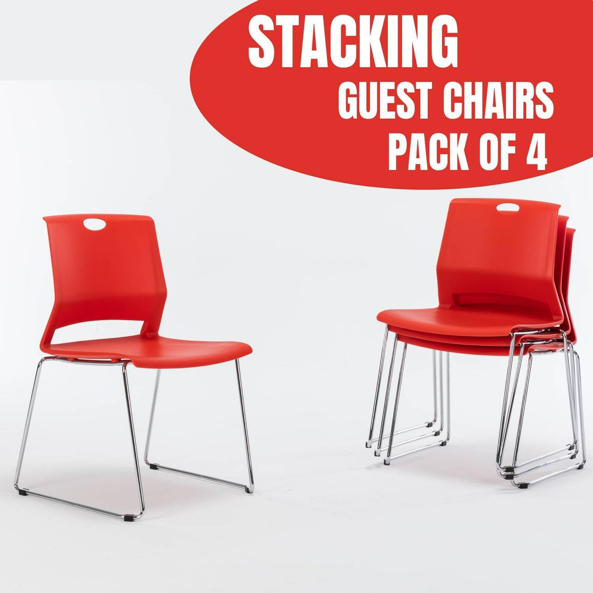 Red Stacking Chairs Set of 4, Hard Plastic Stackable Chair Armless