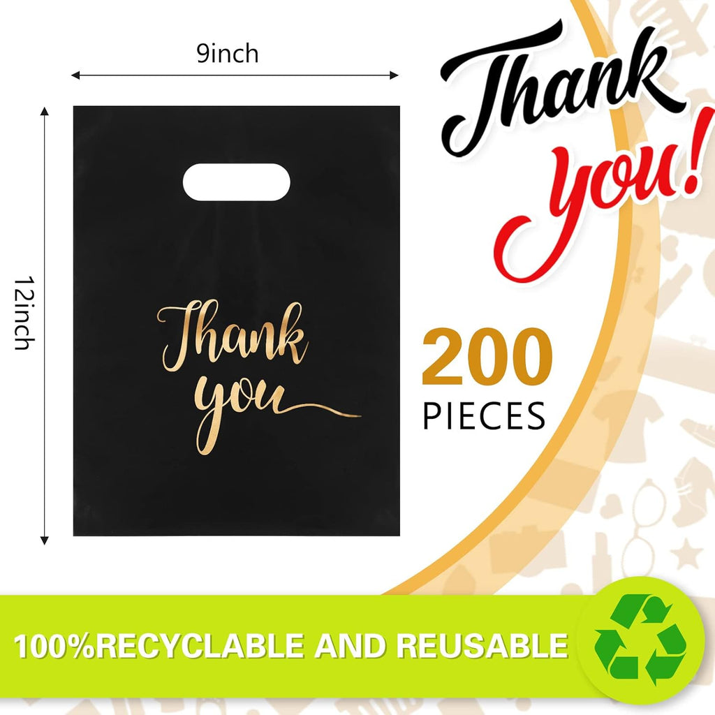 200 Pcs Thank You Merchandise Bags 9x12 Plastic Die Cut Handle