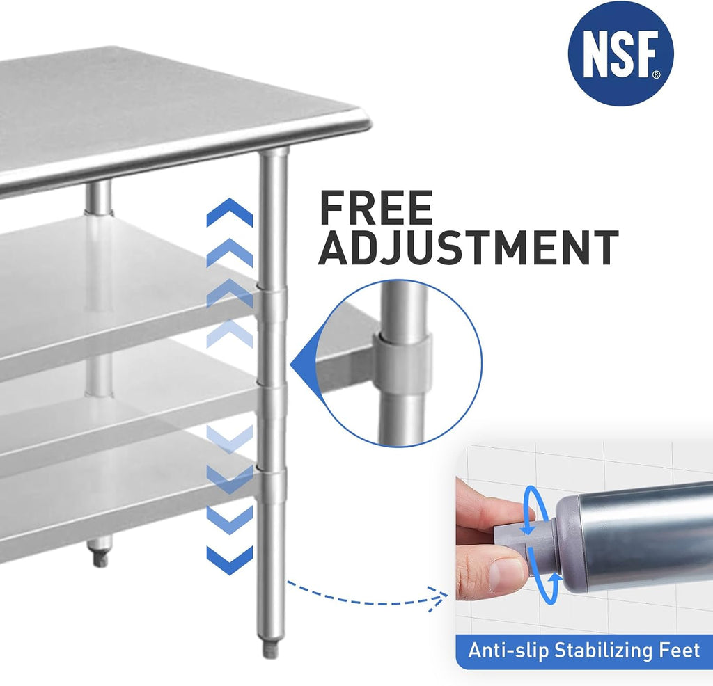 Stainless Steel Table for Prep & Work 24x48 Inches, NSF Metal Commercial Kitchen Heavy Duty Table with Adjustable