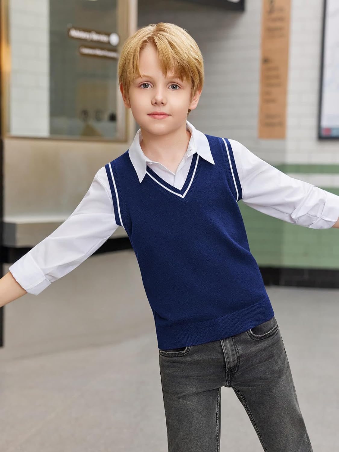 Boys Sweater Vest Kids Uniform Vest Casual V Neck Knit Pullover Sweater 5-14Y