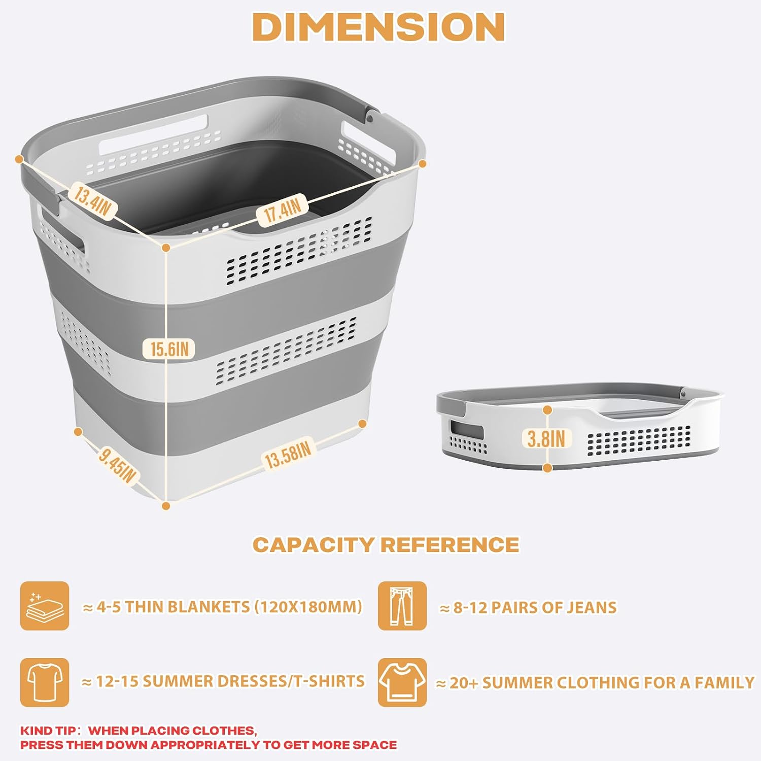 43L+43L Collapsible Laundry Baskets plastic (Grey, 2 Packs) | Pop Up Laundry hamper/Storage Container, Foldable