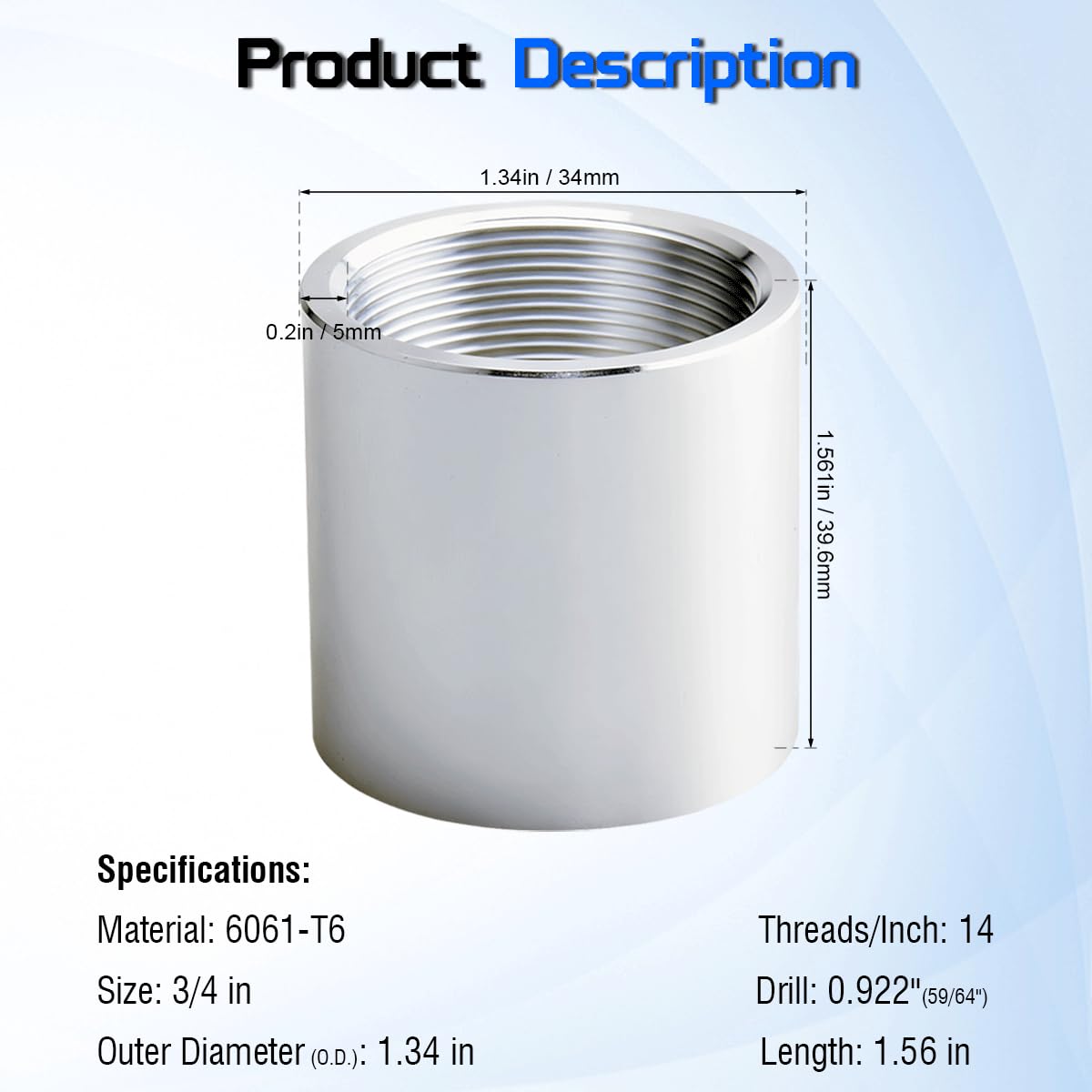 3/4" NPT Threaded Full Coupling Aluminum 6061-T6 Schedule 40 Pipe Fitting