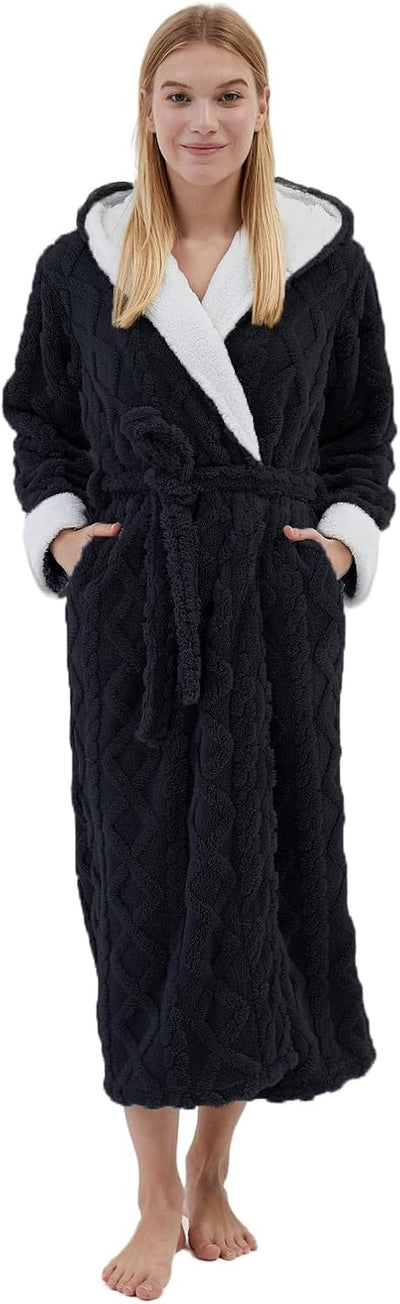 Hooded Robes for Women Long,Sherpa Trim Fleece Bathrobes With Hood Long Plush Soft Warm Winter Robes for Women