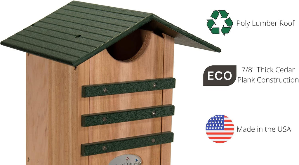 Screech Owl House Cedar Nesting Box with Poly Lumber Roof, Saw-Whet Owl Box for Outside, Drainage Ventilation, Easy