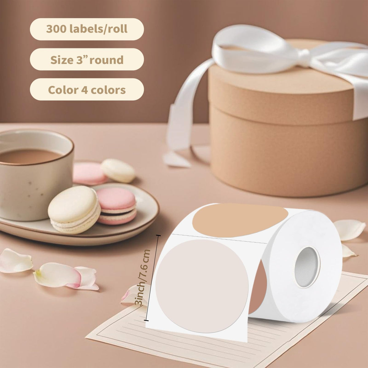 Thermal Label,3 Inch Beige Gradient Round Thermal Printer Sticker,Self-Adhesive Round Direct Thermal Labels,Thermal