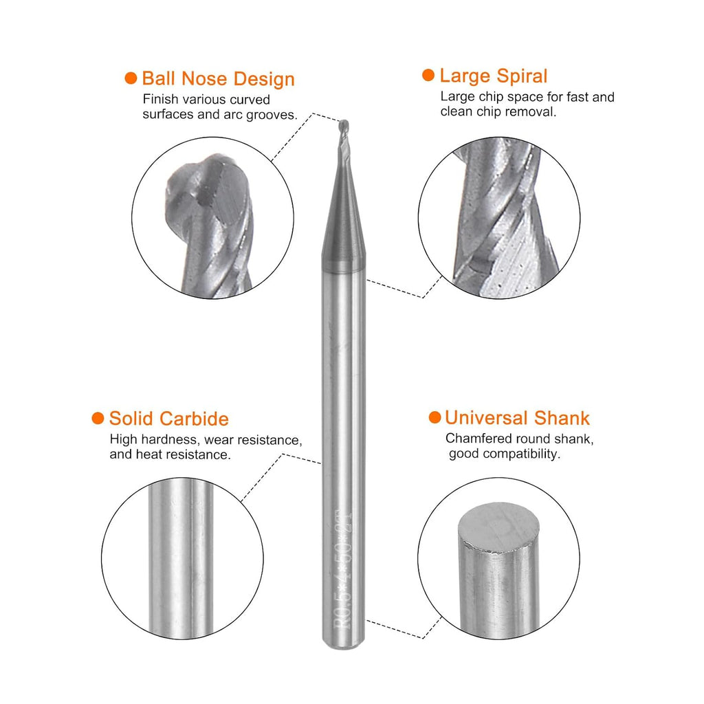uxcell 2pcs Ball Nose End Mills CNC Router Bits, 0.5mm (5/256") Radius Solid Carbide AlTiN Coated 2 Flutes HRC45 1mm (5/128") Diameter 4mm (5/32") Shank Cutter Milling Tools