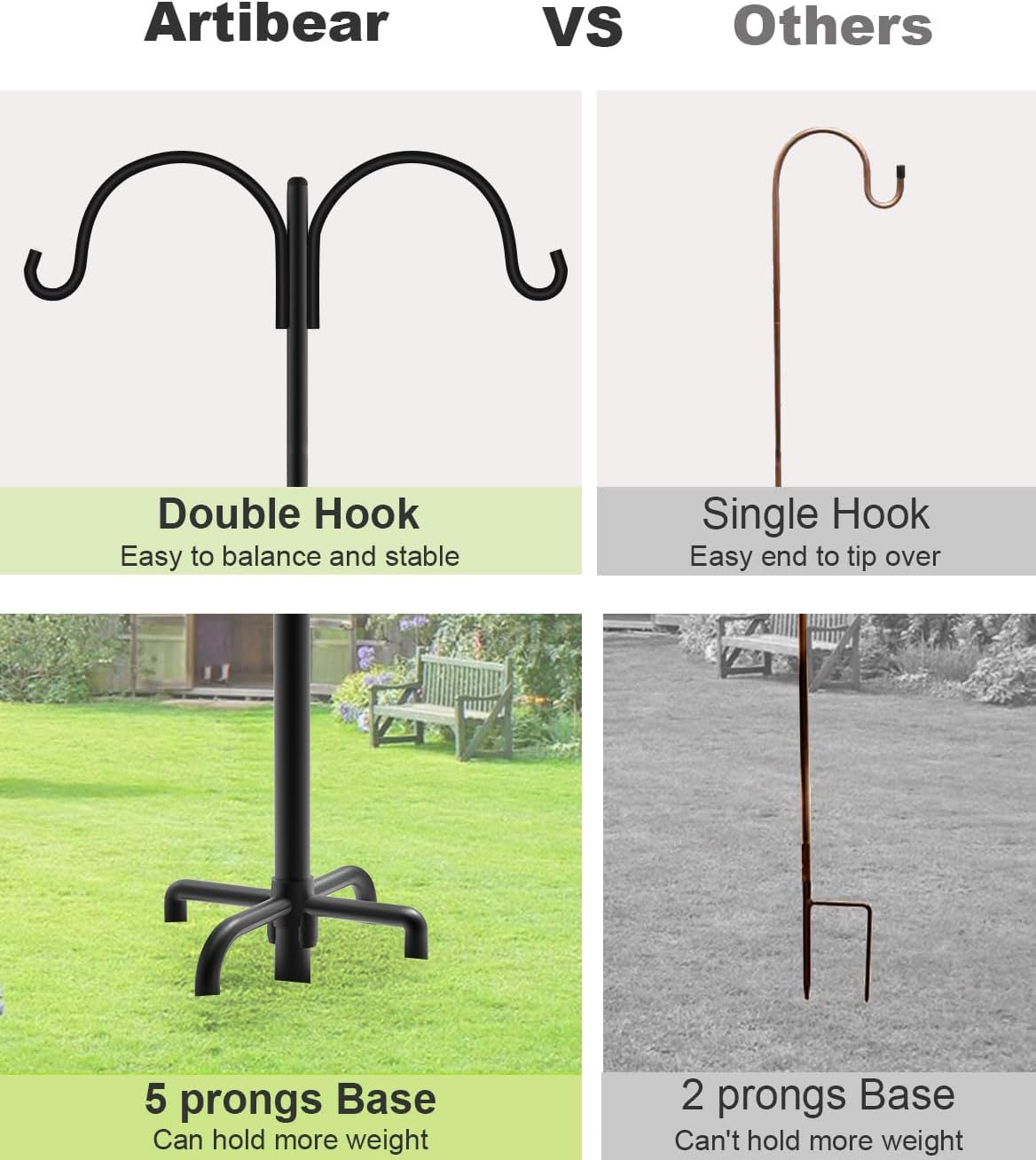 Double Shepherd Hooks for Outdoor, 92" Heavy Duty Bird Feeder Hangers Garden Hooks with 5-Prong Base, Outside Hanging