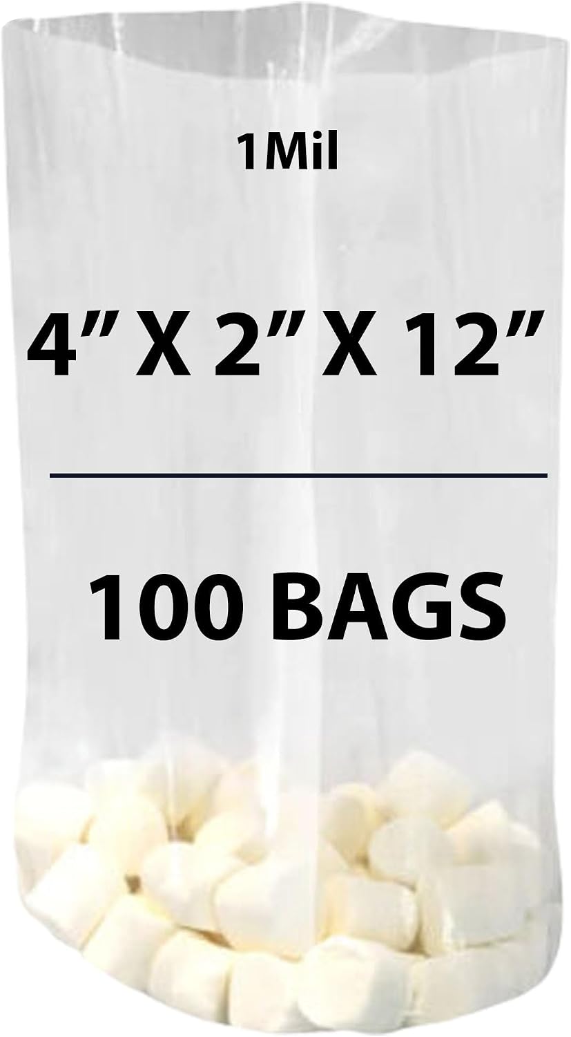 Clear Gusseted Bags 1Mil, 4" X 2" X 12" & 100 Bags | LDPE Material, For Food Packaging, Storage & Display | Heat