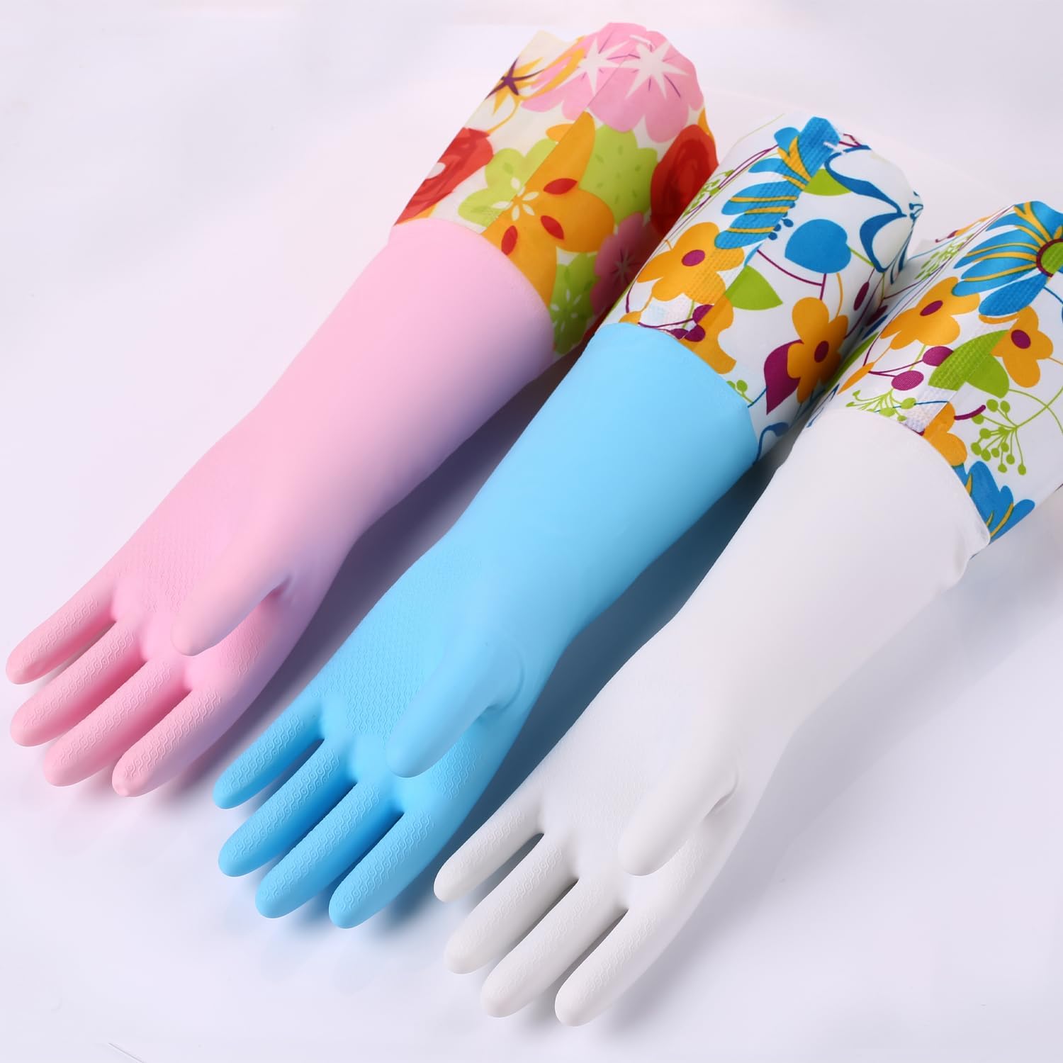 3 Pairs Rubber Cleaning Gloves, Household Kitchen Dishwashing Gloves with Cotton Flocked Liner, Long Cuff 16 Inches
