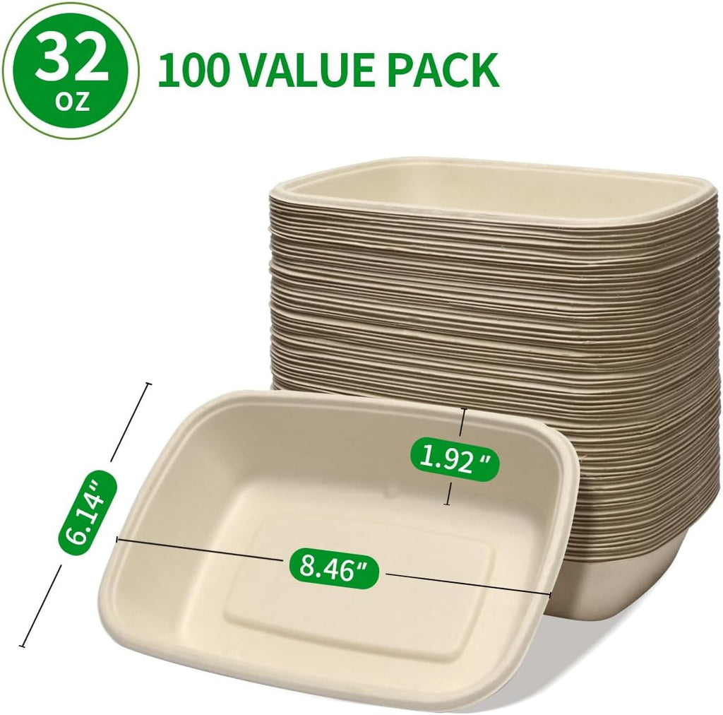 32 oz Large Rectangle Paper Bowls 100 Pack for Burrito Taco Salads