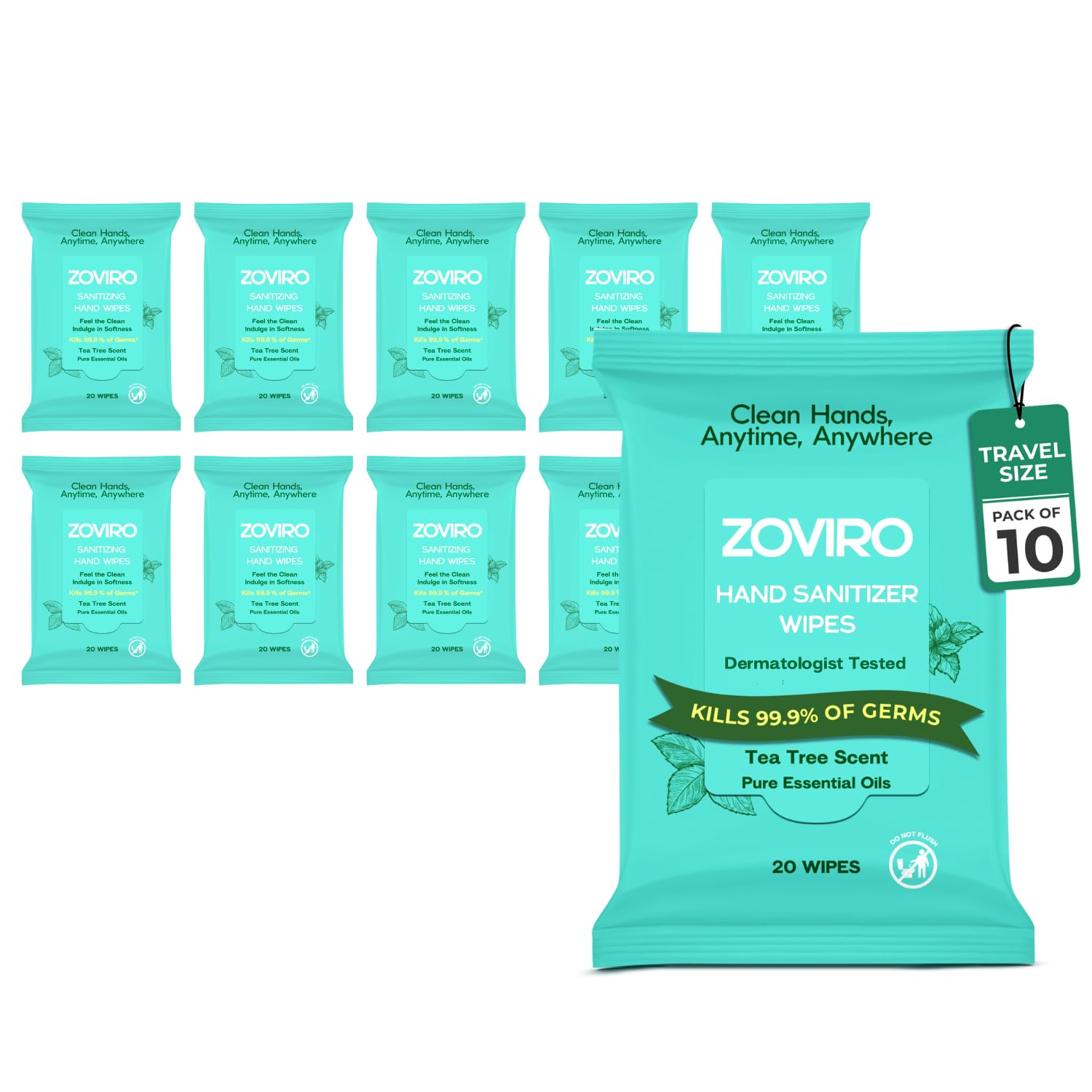 Hand Sanitizer Wipes, Moisturizing With Tea Tree Essential Oil, Ultra-Soft 100% Viscose, Hand Wipes Travel Size, Tea
