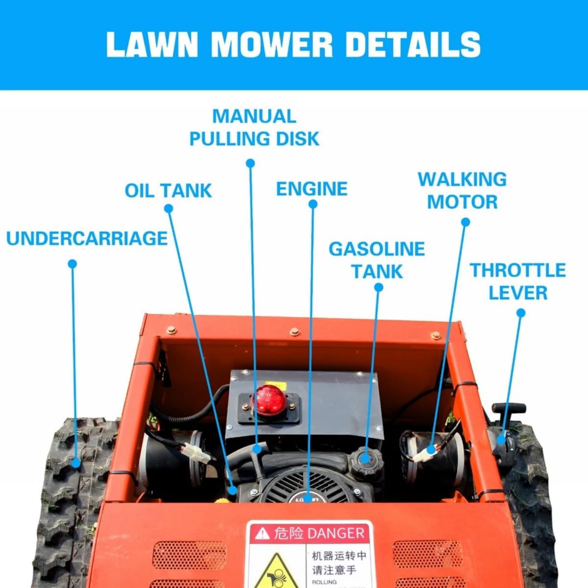 Heavy-Duty Remote Control Lawn Mower with 9Hp Four Stroke Gasoline Engine, Manganese Steel Blade, Adjustable Cutting