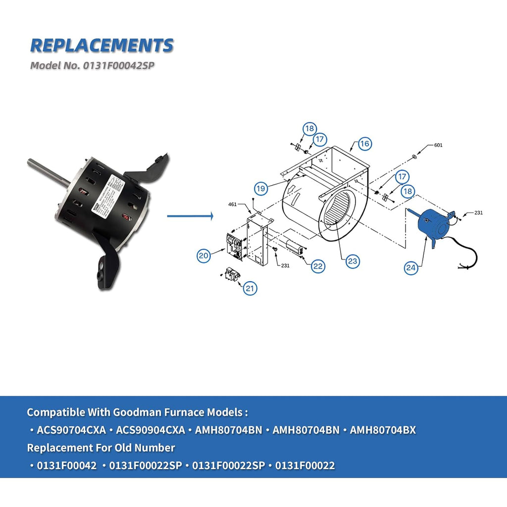 0131F00042SP Blower Fan Motor Replaces Goodman Amana Janitrol 0131F00042SP