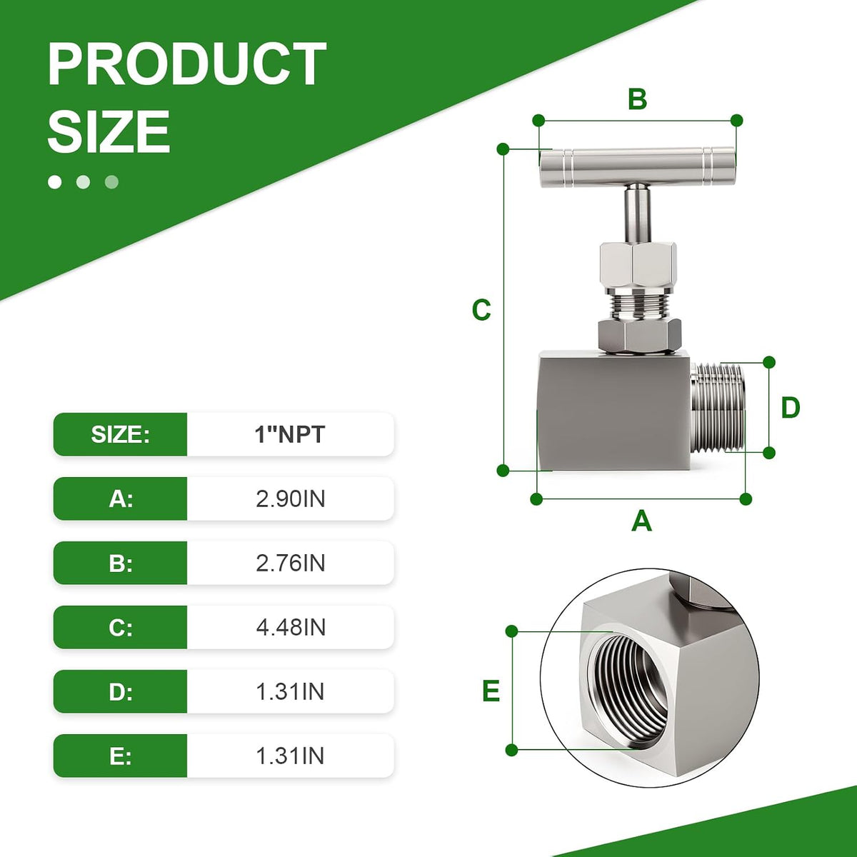 TAISHER 1PCS 304 SS, 1" FNPT x MNPT, High Pressure Straight Needle Valve