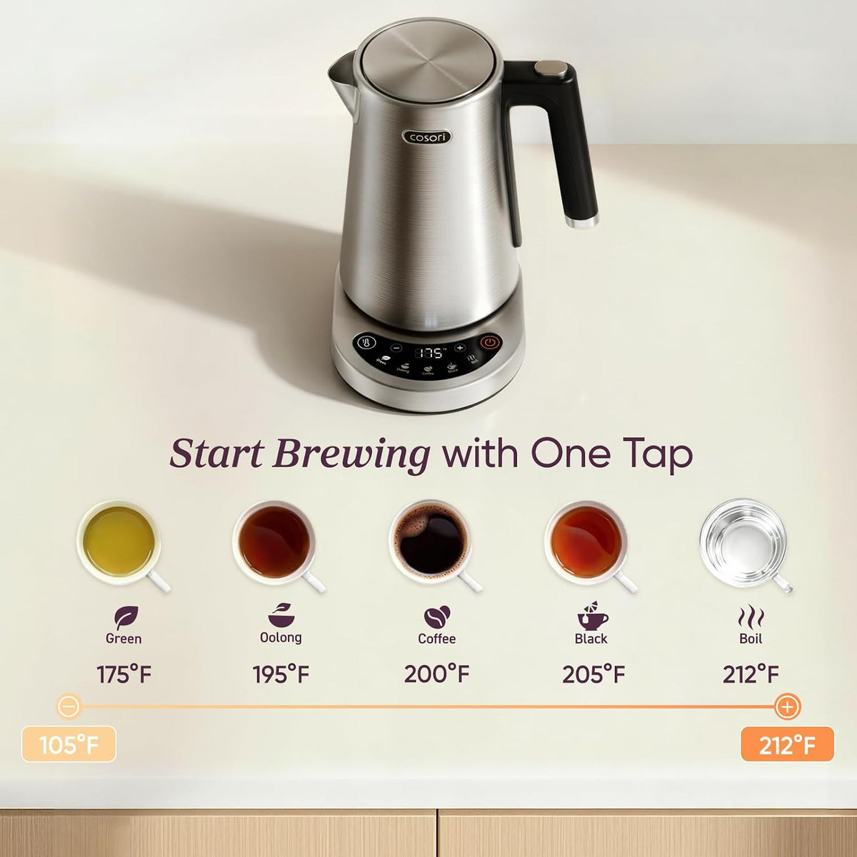 Stainless Steel Electric Kettle with Temperature Control, 1.7L | No Plastic Contact with Water, 5 Presets, ±5°F Temp