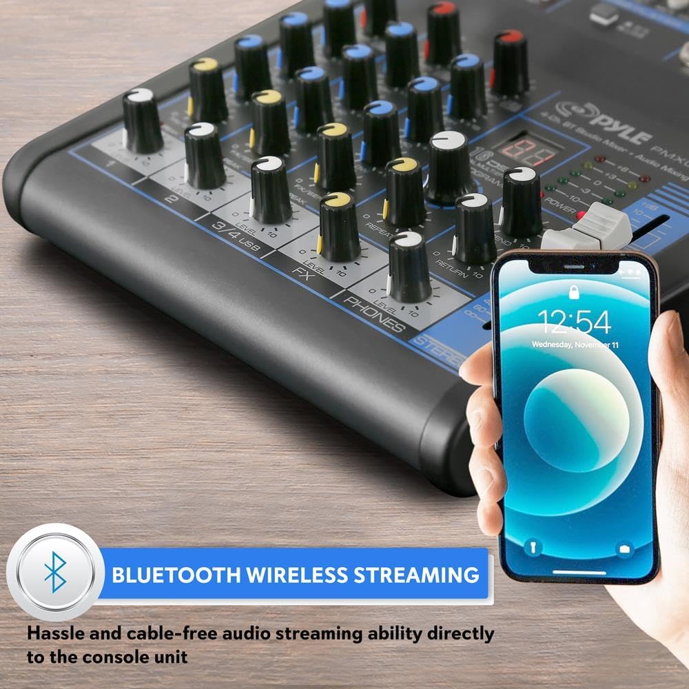 4 Channel Audio Mixer with Bluetooth - DJ Sound Board Controller - USB Computer Input - Built-in MP3 Player - 48V