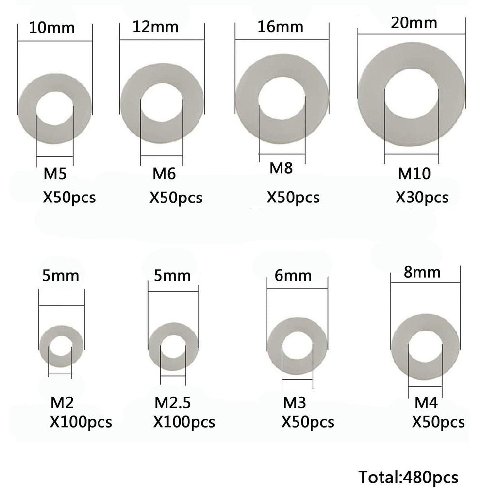 Clear Pack of 480 White Nylon Flat Washer Assortment Shim Kit for M2 M2.5 M3 M4 M5 M6 M8 M10 Screw Bolt, Round