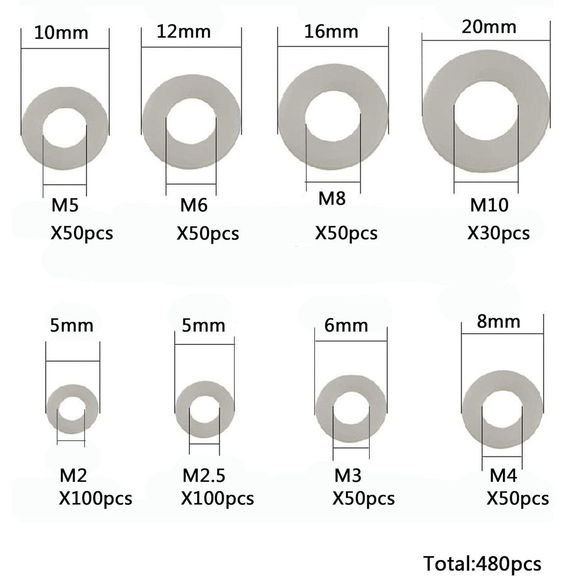 Clear Pack of 480 White Nylon Flat Washer Assortment Shim Kit for M2 M2.5 M3 M4 M5 M6 M8 M10 Screw Bolt, Round