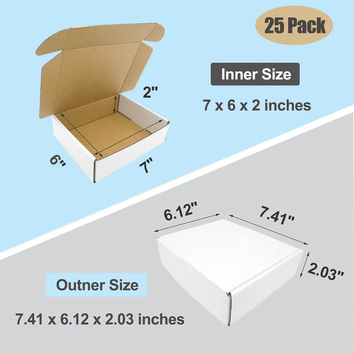 7x6x2 Shipping Boxes, Small Cardboard Box White Mailing Flat Corrugated Literature Mailer for Small Business