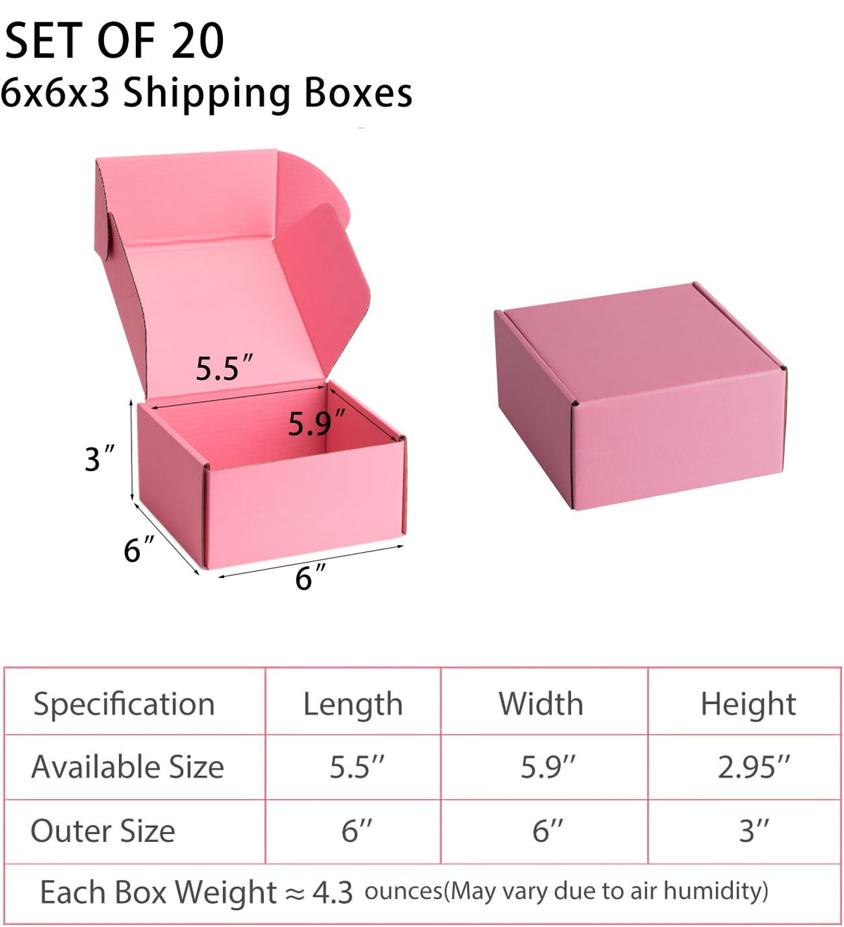Pink Shipping Boxes 6x6x3 Inches, 20 Pack