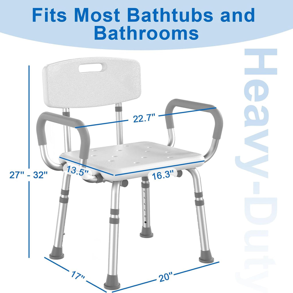 Shower Chair for Inside Shower with Arms and Back, 500 lbs Heavy Duty Shower Seat for Bathtub, Height Adjustable
