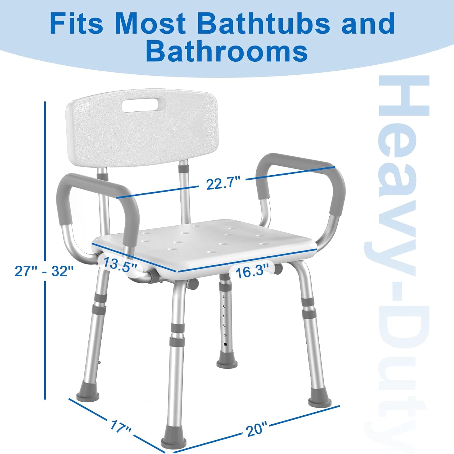 Shower Chair for Inside Shower with Arms and Back, 500 lbs Heavy Duty Shower Seat for Bathtub, Height Adjustable