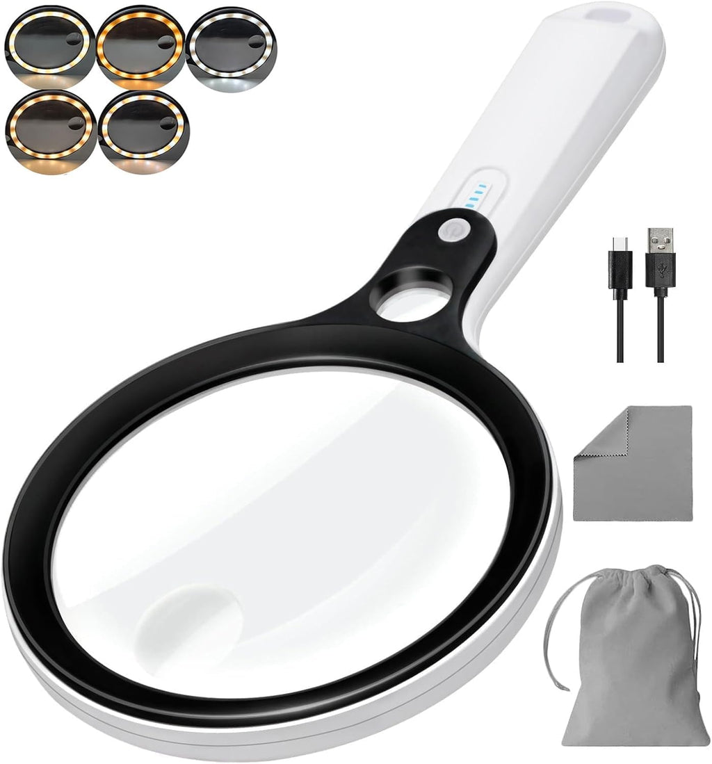 Magnifying Glass with 48 LED Light, 10X 20X 45X Handheld Illuminated Lighted Magnifier with 5 Light Modes