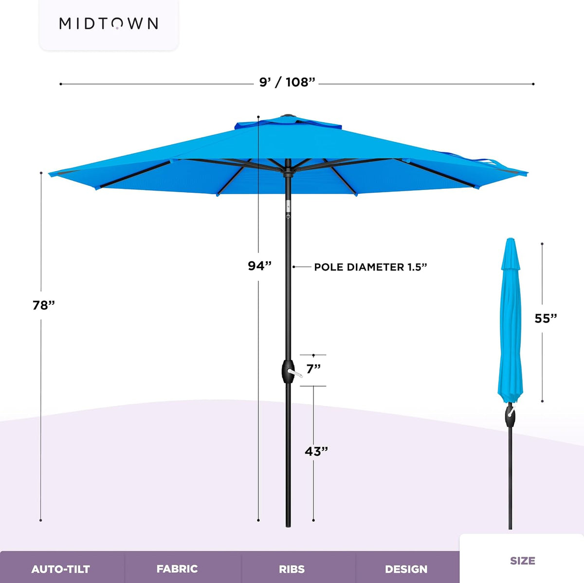 Lean - 9 Ft Patio Umbrella, Cobalt Blue Canopy