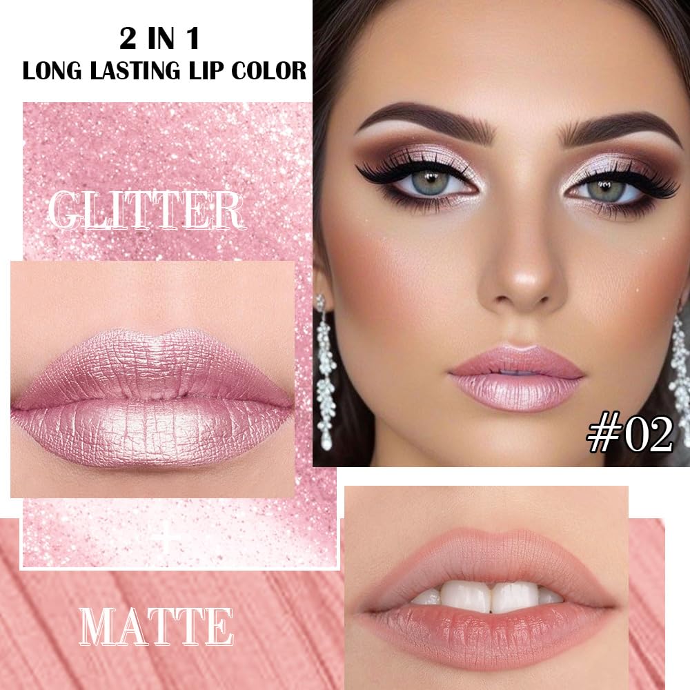 2-in-1 Light Pink Metallic Lipstick and Lip Liner, Shimmer Liquid Metallic Lipsticks for Women, Glitter Lip Gloss