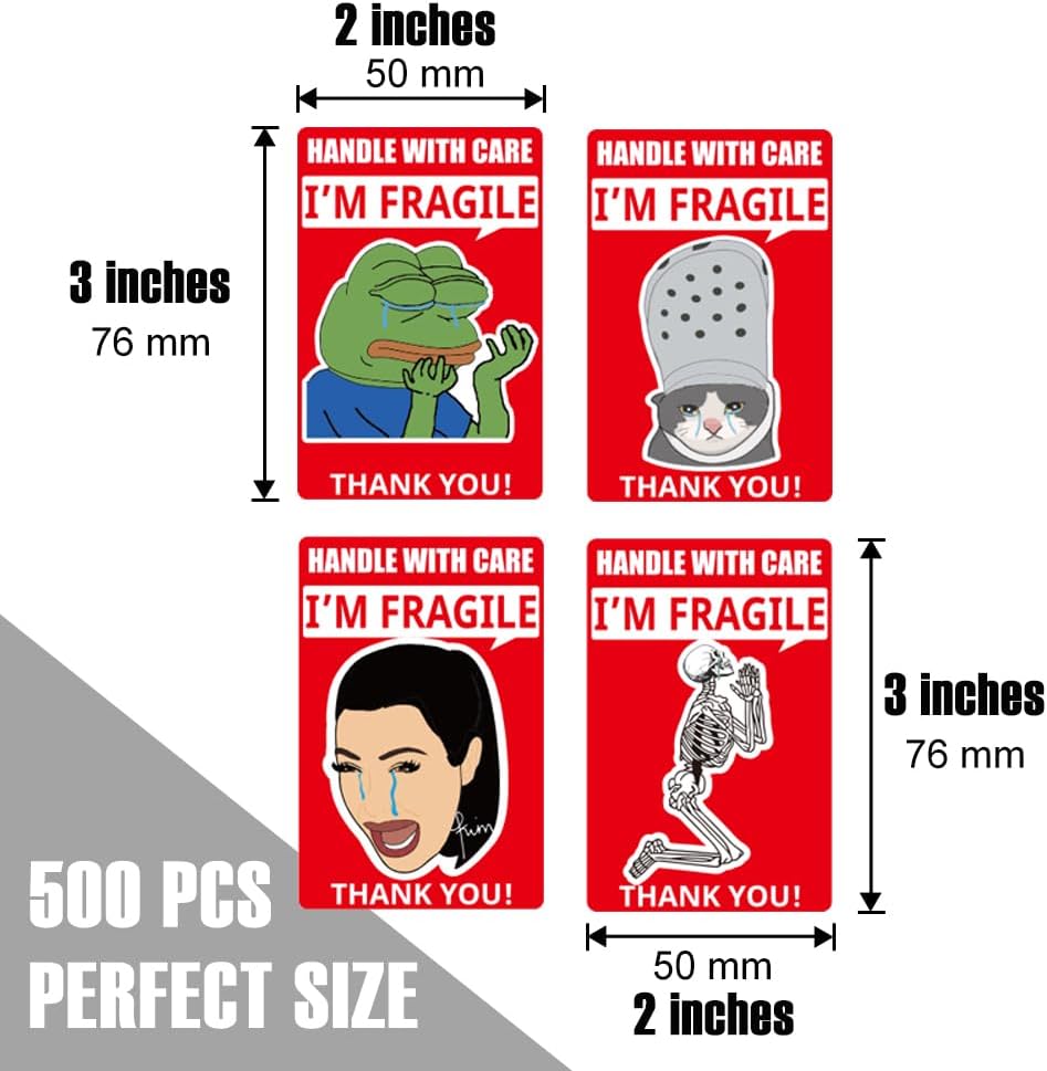 Funny Fragile Stickers for Shipping Moving | 500Pcs 4 Humorous Design for Handle with Care, 2×3 Inch Suitable Labels