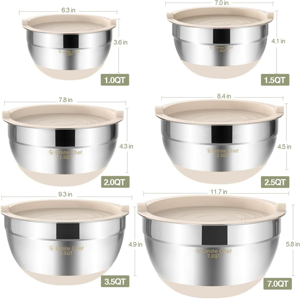 Mixing Bowls with Airtight Lids, 6 piece Stainless Steel Metal Nesting Storage Bowls, Non-Slip Bottoms Size 7, 3.5